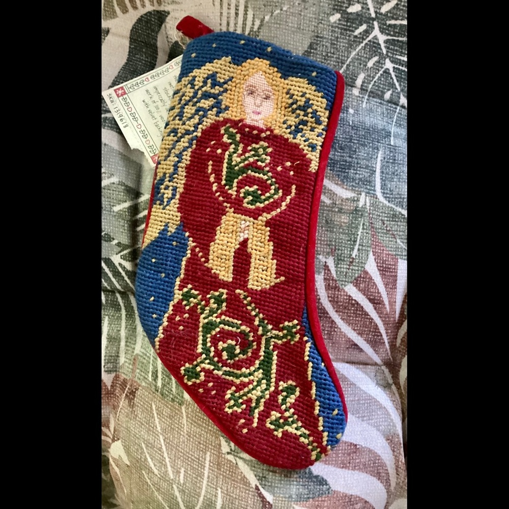 Red Gold Hand Made Needlepoint Cotton Christmas Stocking Celtic Angel Gift Bag